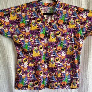 Small Scrub Top for Women-Hand Sewn Halloween Theme Purple Main Color